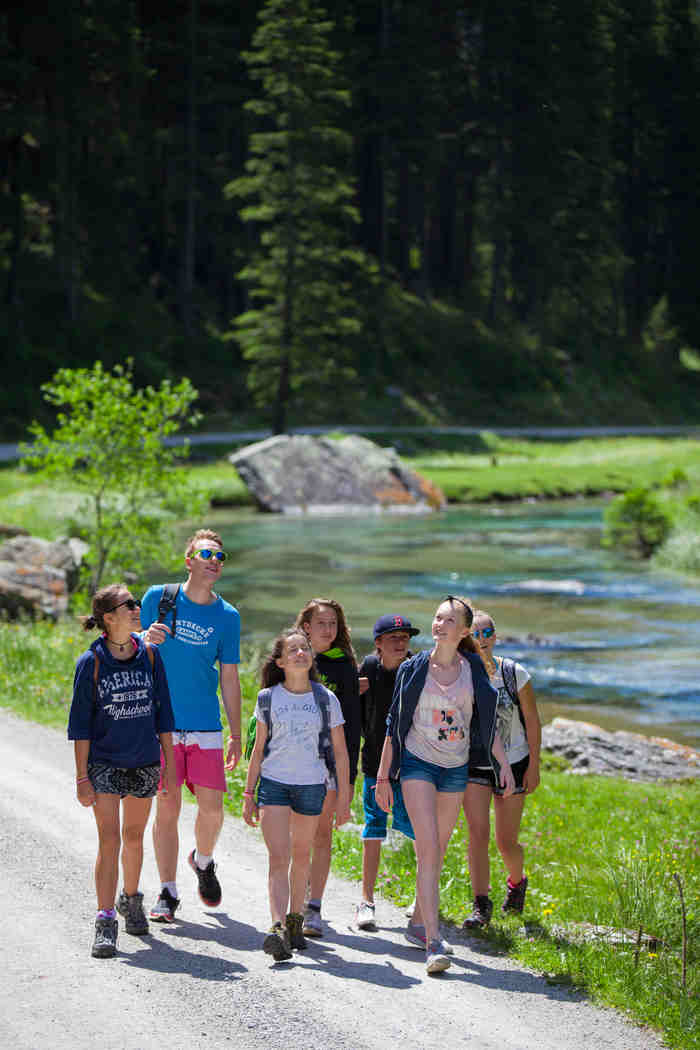 Grupo de jovenes caminando por la naturaleza del campamento de verano en el extranjero