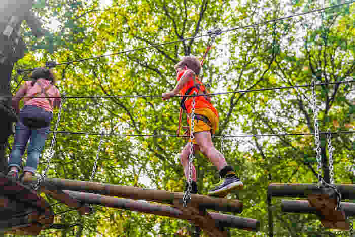 niños en el puente colgante de las actividades multiaventura del campamento de verano en holanda 