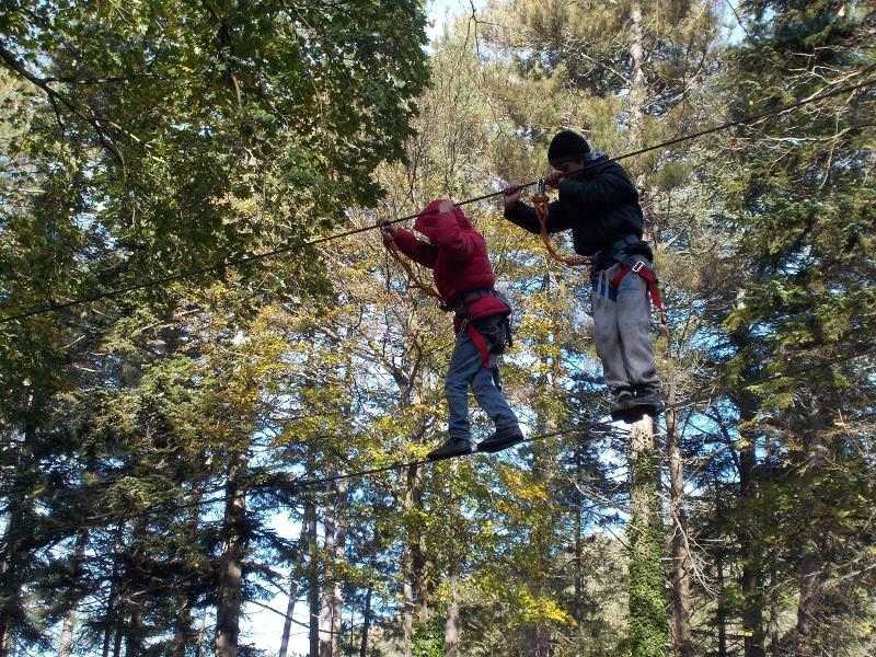 niños practicando tirolina en las actividades multiaventura del campamento de verano en francia