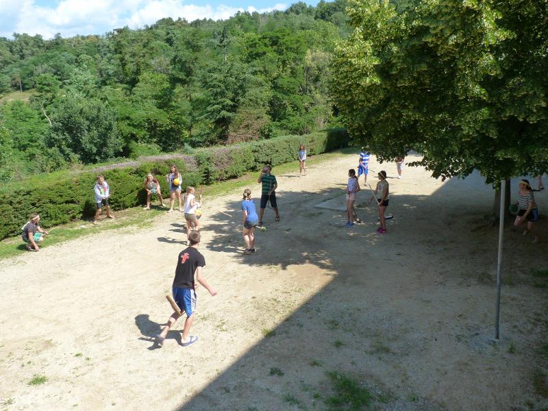 Grupo de niños realizando juegos en grupo en el exterior del campamento de verano en francia