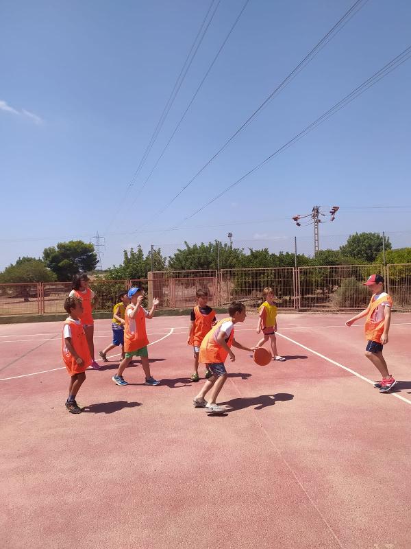 Un grupo de niños practicando baloncesto en unas vacaciones deportivas con niños