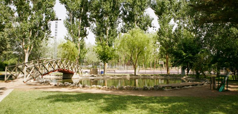 Zona exterior con embalse y un pequeño puente para los juegos del campamento de verano en Madrid