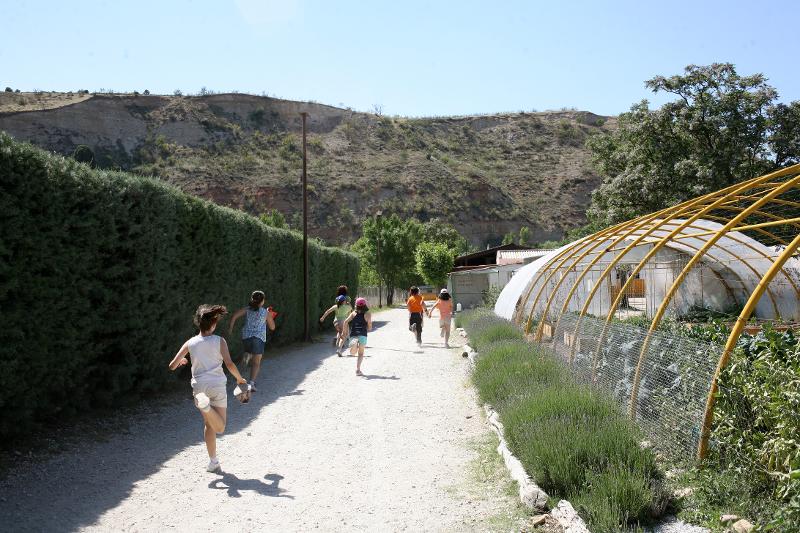 Niños corriendo por el exterior del campamento de verano en Madrid durante una de las actividades