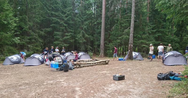 Zona de acampada en el bosque en el campamento de verano en Suecia