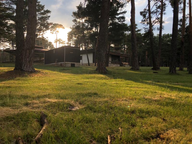 Vista exterior de las instalaciones del campamento en Soria rodeado de árboles y naturaleza