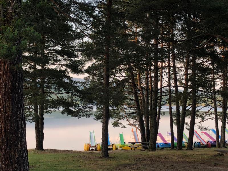 Zona de la laguna rodeada de árboles a la hora del atardecer después de las actividades del campamento soria