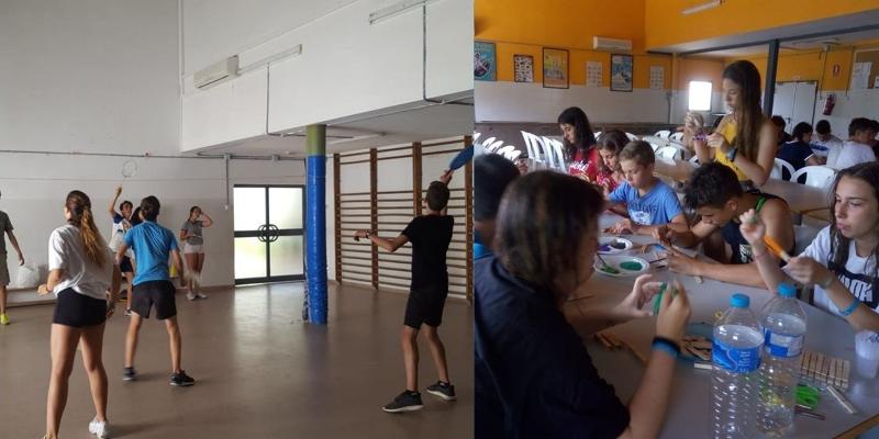 Jóvenes comiendo y practicando deporte en las instalaciones del campamento de verano en Valencia