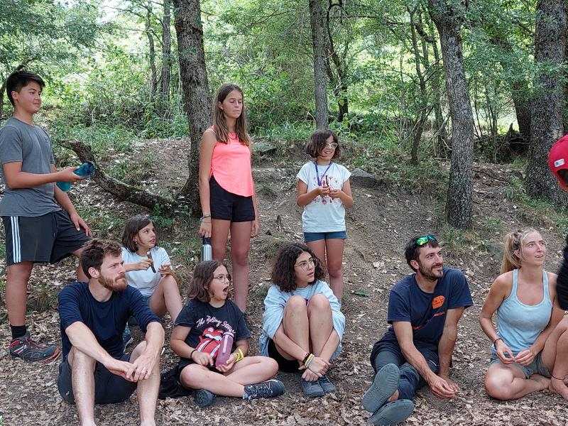 Una clase en las montañas en un campamento naturaleza para niños