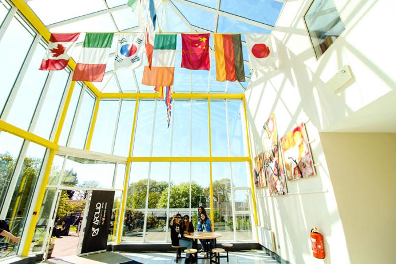 Recibidor con banderas de la escuela en los cursos de idiomas en dublin 