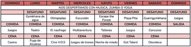 Programa de actividades de la semana