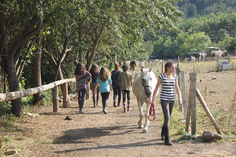 un grupo de jovenes paseando a caballos en un campamento hipico