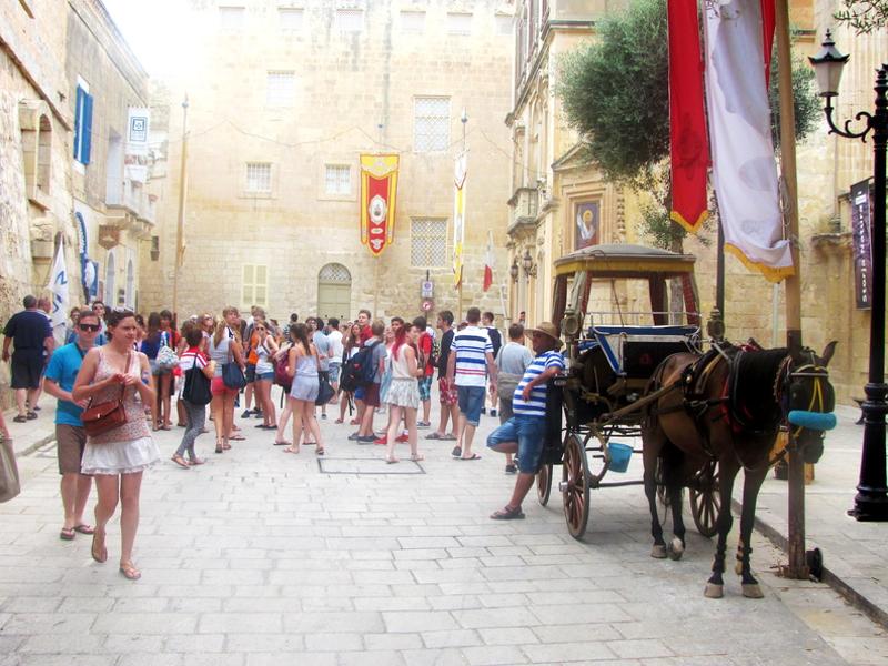 Gente en la calle con un carro de caballos en el curso ingles en malta 