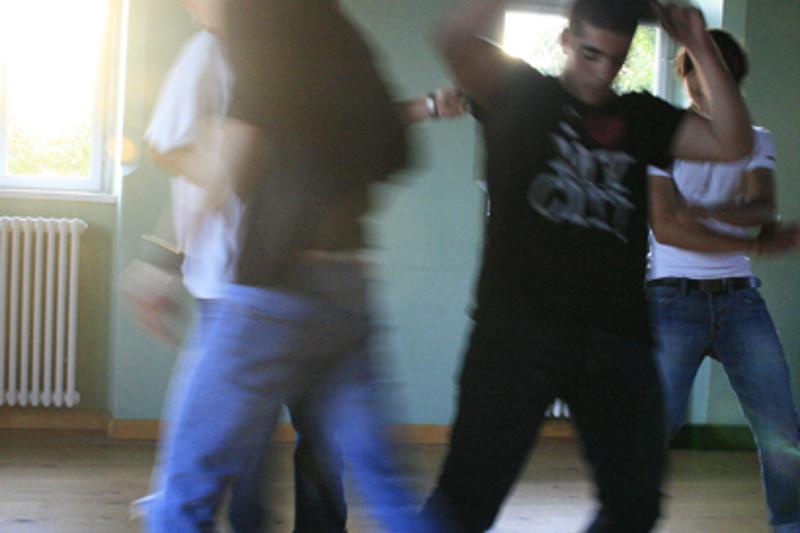 Campistas bailando con amigos en curso de aleman en alemania en verano