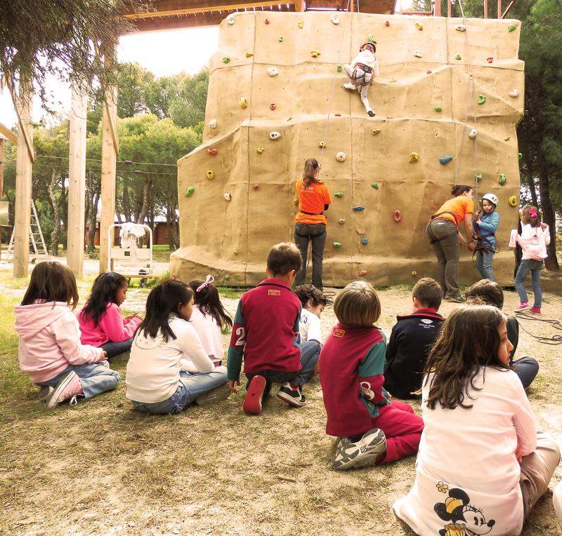 Niños y monitores observando a otros participantes mientras escalan en un rocódromo durante un campamento escalada madrid