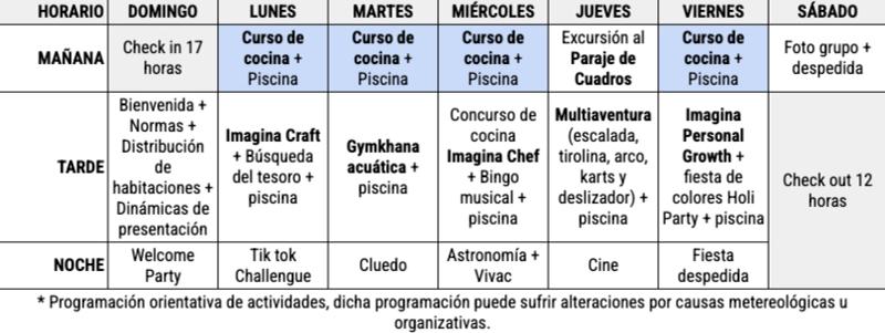 Programa de actividades de la semana