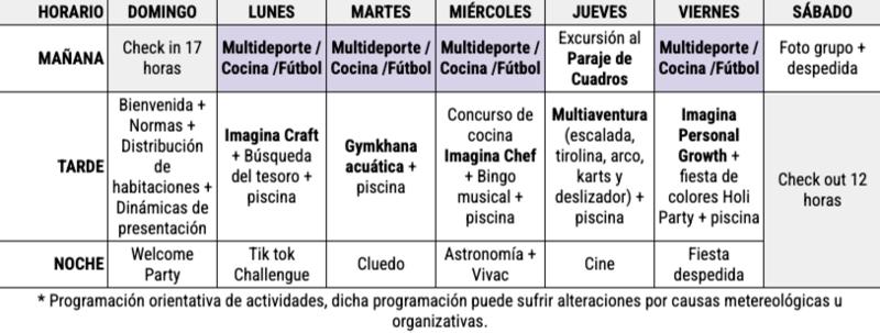 Programa de actividades de la semana