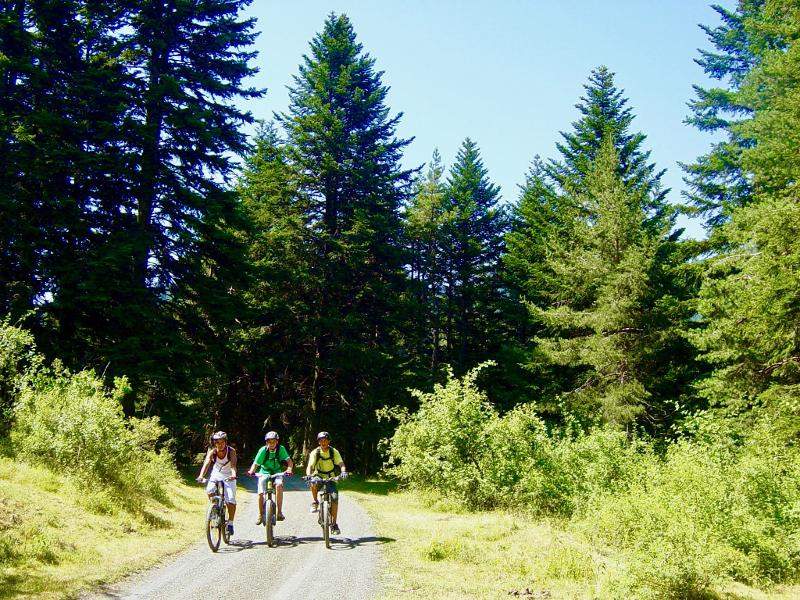 unos niños montando en bici en las montañas con un viaje fin de curso