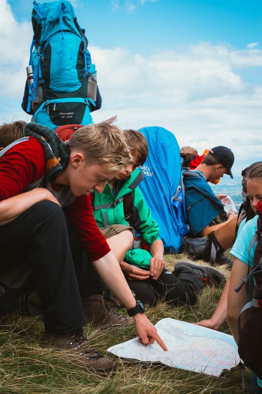 Jóvenes con sus mochilas preparando con un mapa la ruta a seguir en el campamento irlanda verano