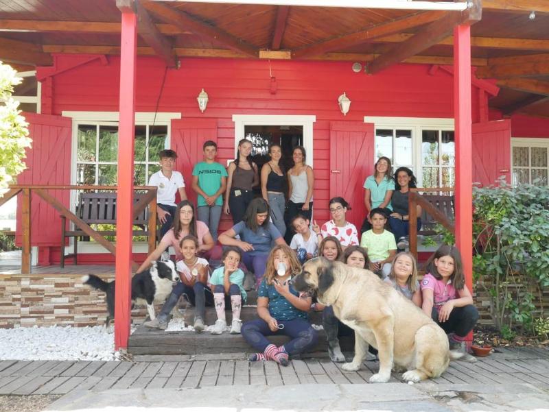 Foto de grupo en las escaleras de una cabaña en un campamento de verano