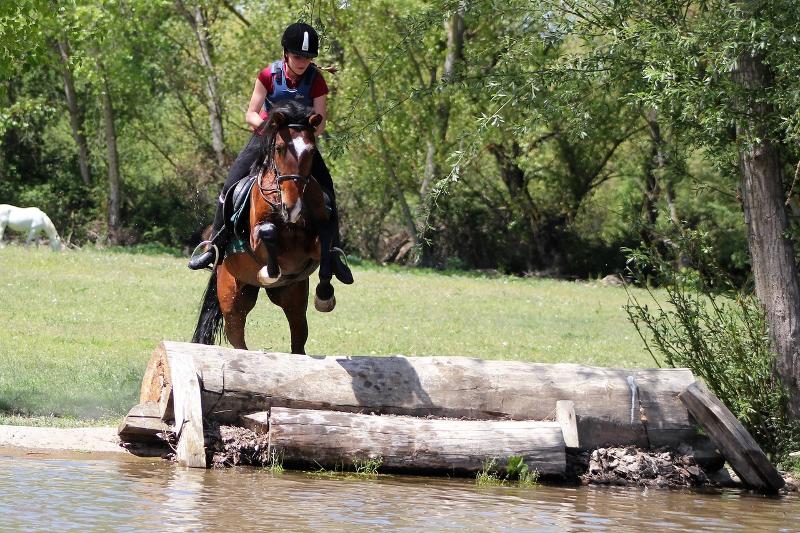 Niña saltando un tronco en un caballo en un campamento para niños