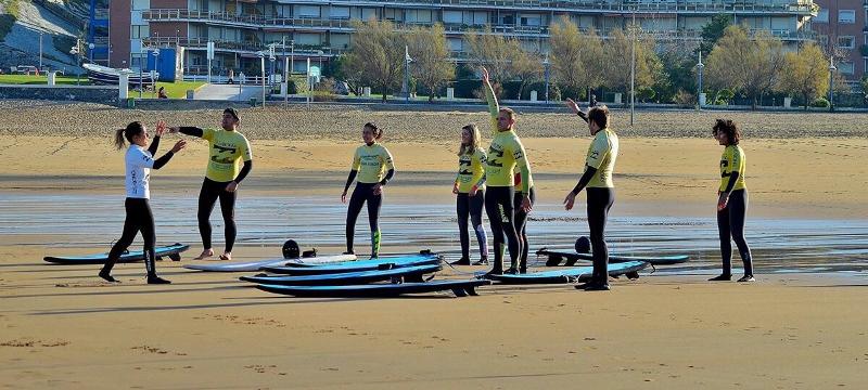 Un grupo de jovenes aprendiendo surf en un campamento ingles pais vasco